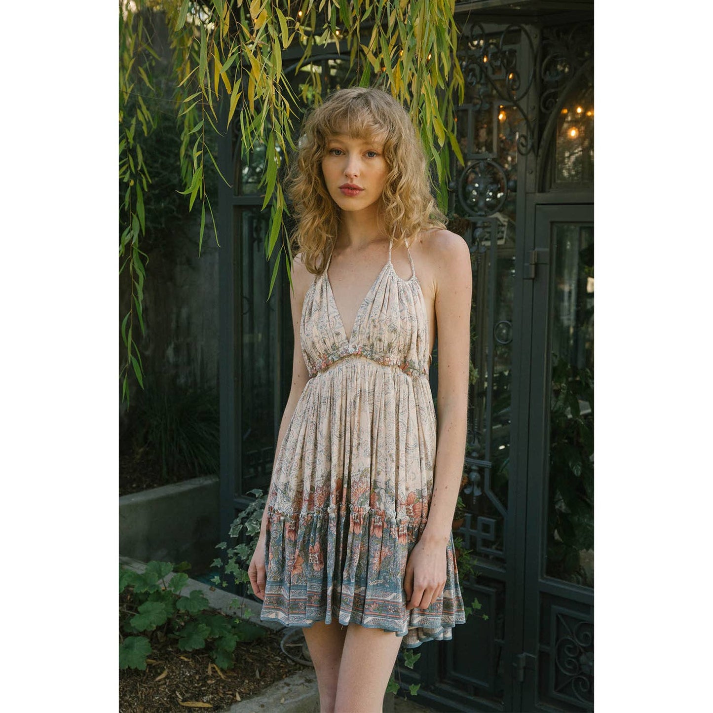 Floral Border Print Trapeze Swing Mini Dress