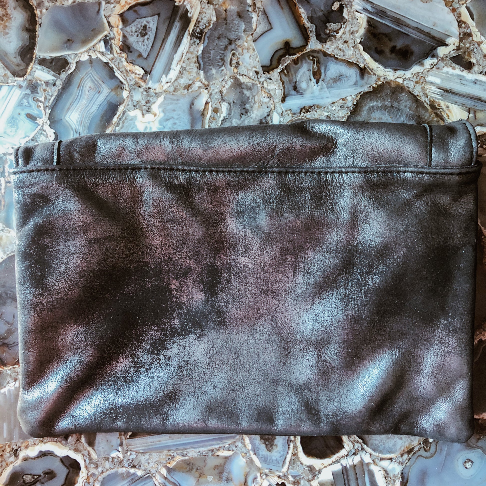 Black Silver Distressed Leather Envelope Clutch - Wild Luxe Boutique