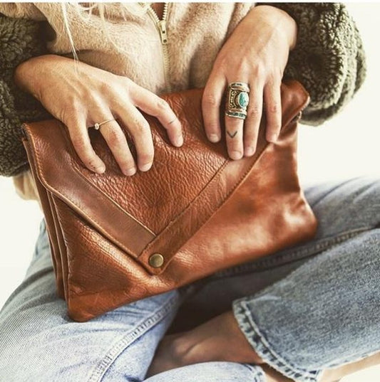 Brown Leather Envelope Clutch - Wild Luxe Boutique