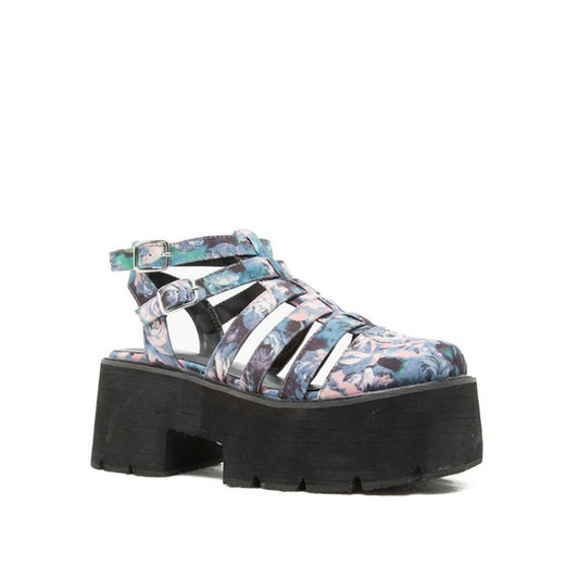 Floral Blue & Pink Roses Lug Sole Caged Sandal - Wild Luxe Boutique