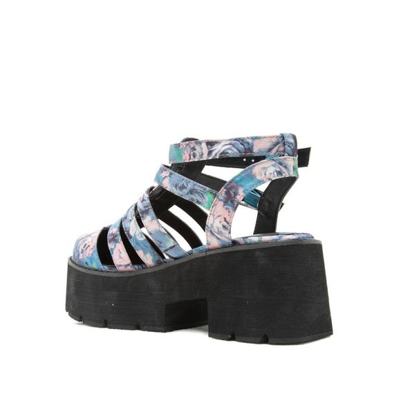 Floral Blue & Pink Roses Lug Sole Caged Sandal - Wild Luxe Boutique