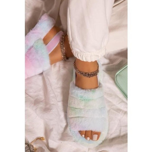 Rainbow Tie Dye Faux Fur Slipper Slides - Wild Luxe Boutique