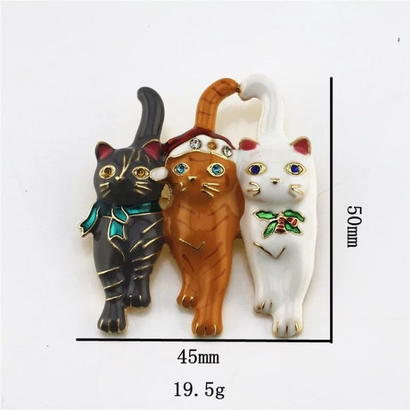 Enamel and Rhinestone Cats Trio Brooch Pin - Wild Luxe Boutique