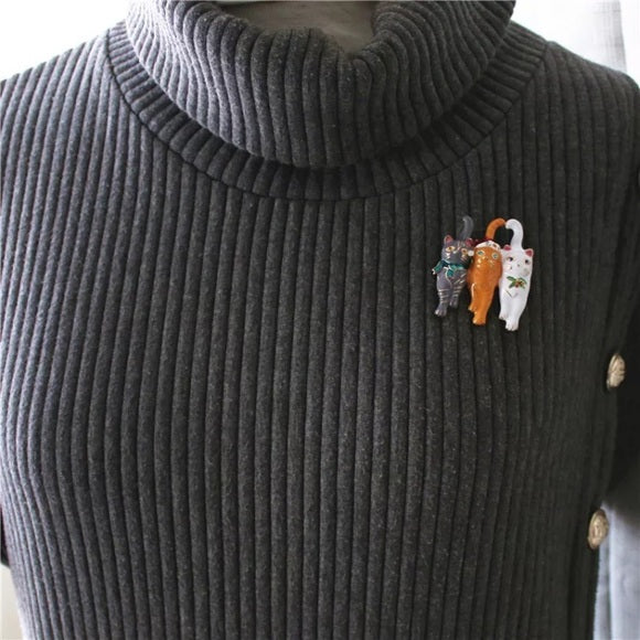 Enamel and Rhinestone Cats Trio Brooch Pin - Wild Luxe Boutique