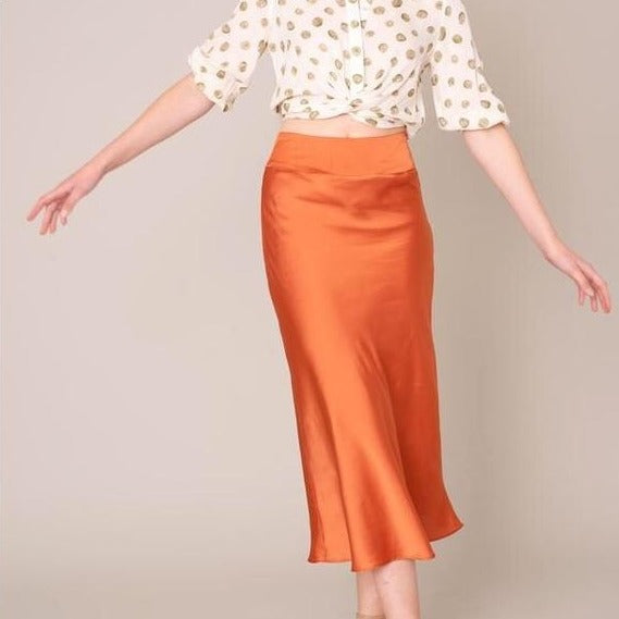 Satin A-Line Midi Skirt in Clay - Wild Luxe Boutique