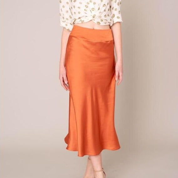 Satin A-Line Midi Skirt in Clay - Wild Luxe Boutique