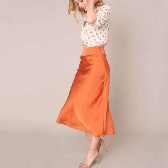 Satin A-Line Midi Skirt in Clay - Wild Luxe Boutique