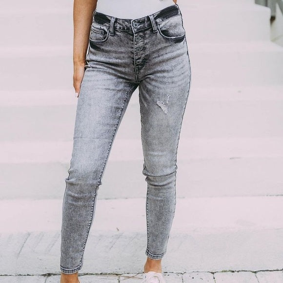 Harmony Grey Mid-Rise Button Fly Skinny Jeans - Wild Luxe Boutique