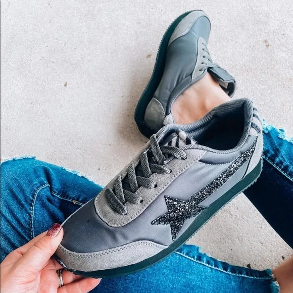 Vintage Grey Sequin Star Zebra Stripe Sneakers Wild Luxe Boutique