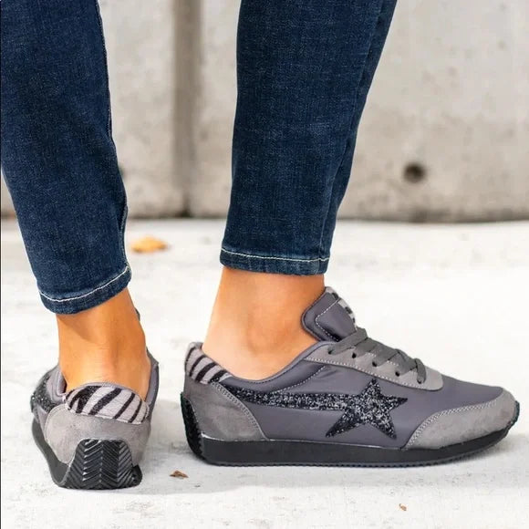 Vintage Grey Sequin Star & Zebra Stripe Sneakers