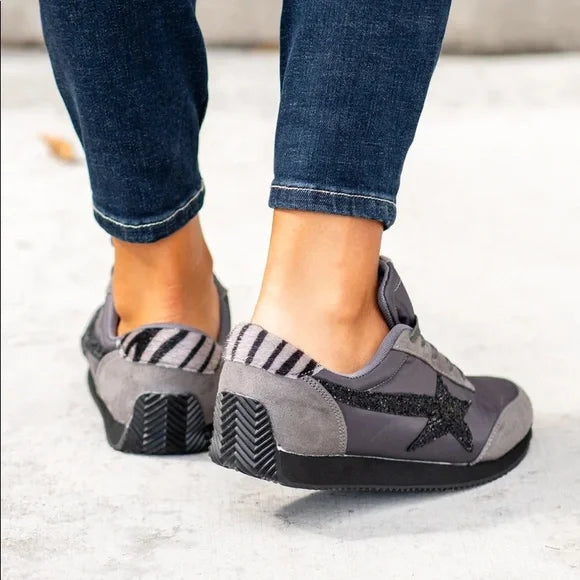 Vintage Grey Sequin Star & Zebra Stripe Sneakers