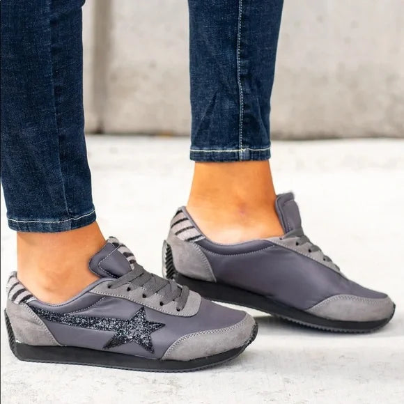 Vintage Grey Sequin Star & Zebra Stripe Sneakers