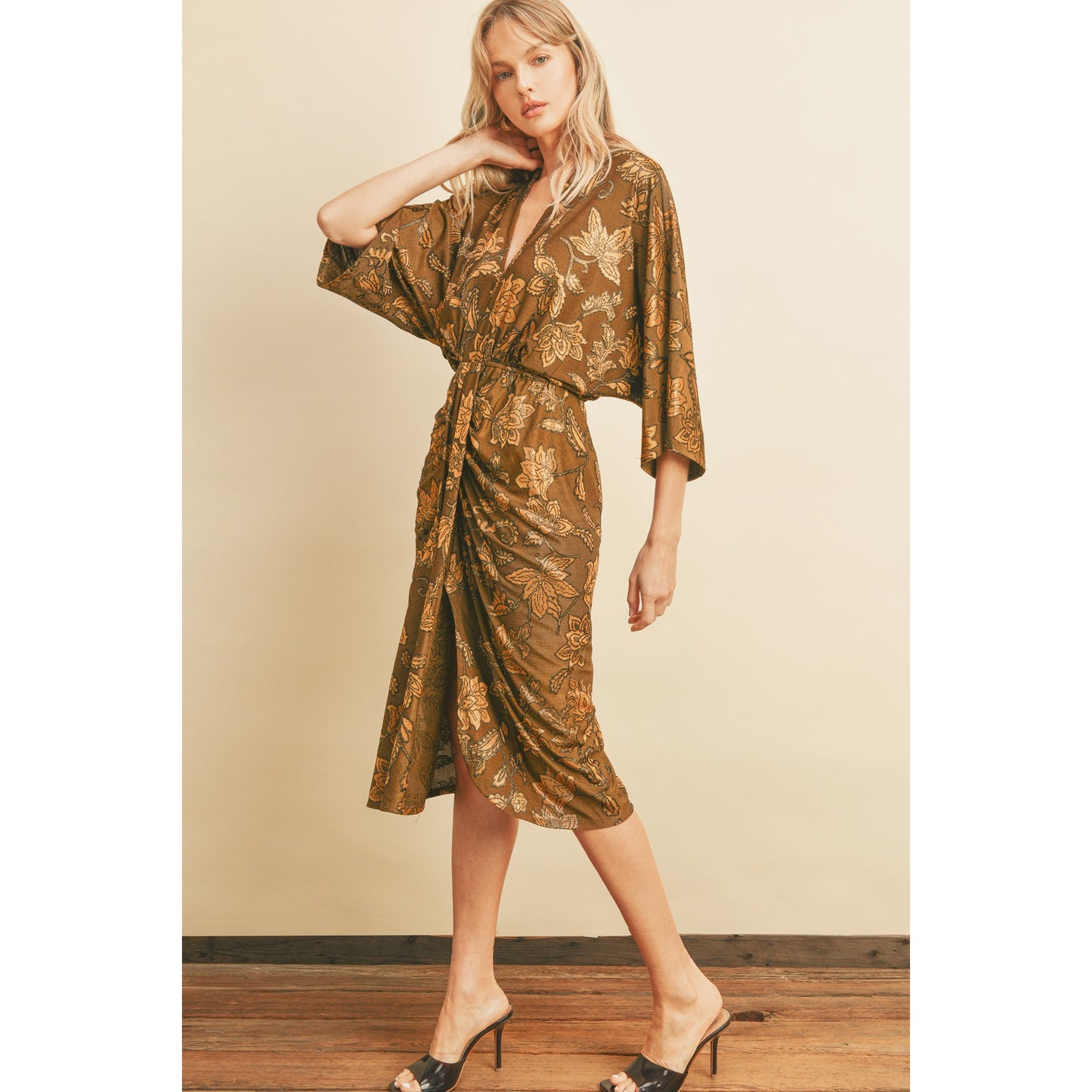 Knit Floral Plunging Ruched Dress