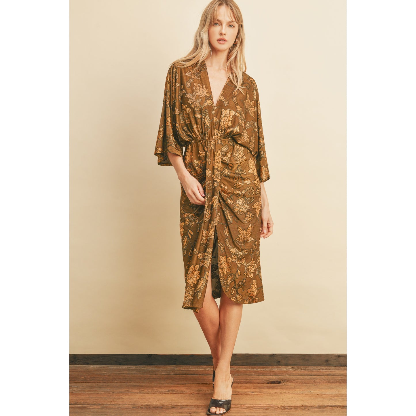 Knit Floral Plunging Ruched Dress