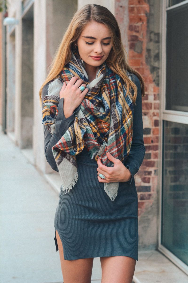 Gray/Mustard Flannel Frayed Edge Blanket Scarf - Wild Luxe Boutique