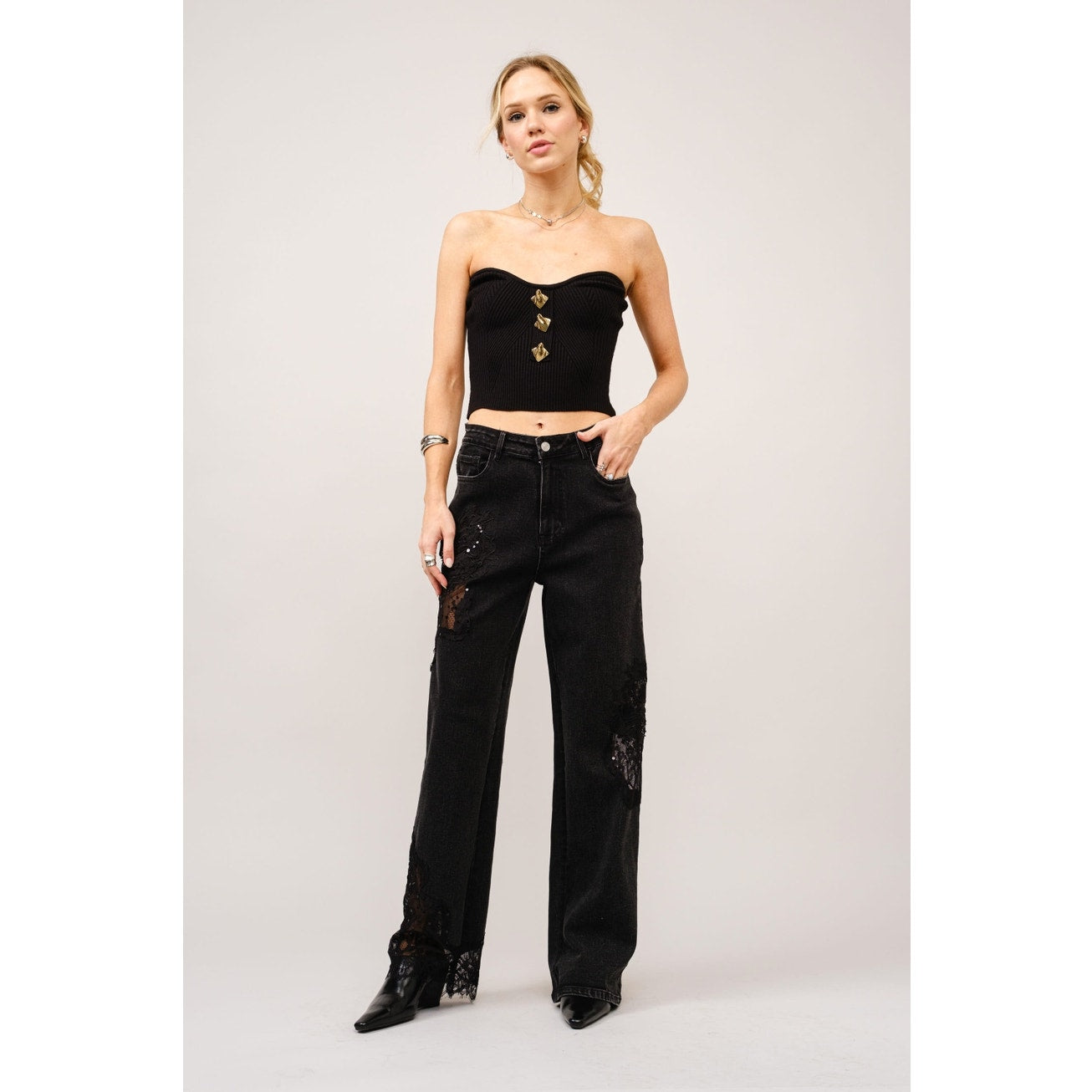 Black Lace Patchwork Straight Leg Jeans