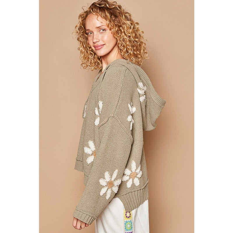 POL Basil Hooded V-Neck Floral Ribbed Sweater