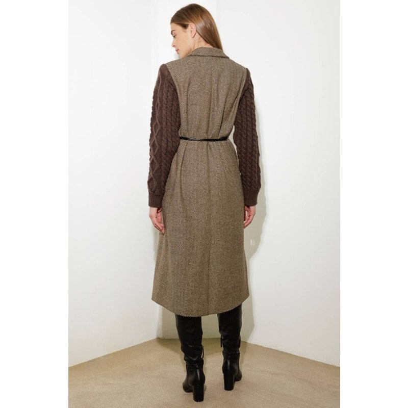 Tweed Sweater Knit Brown Combination Coat