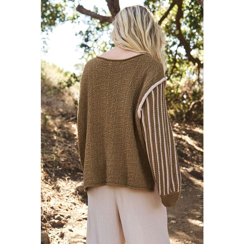 Olive Striped Sleeves Knit Sweater