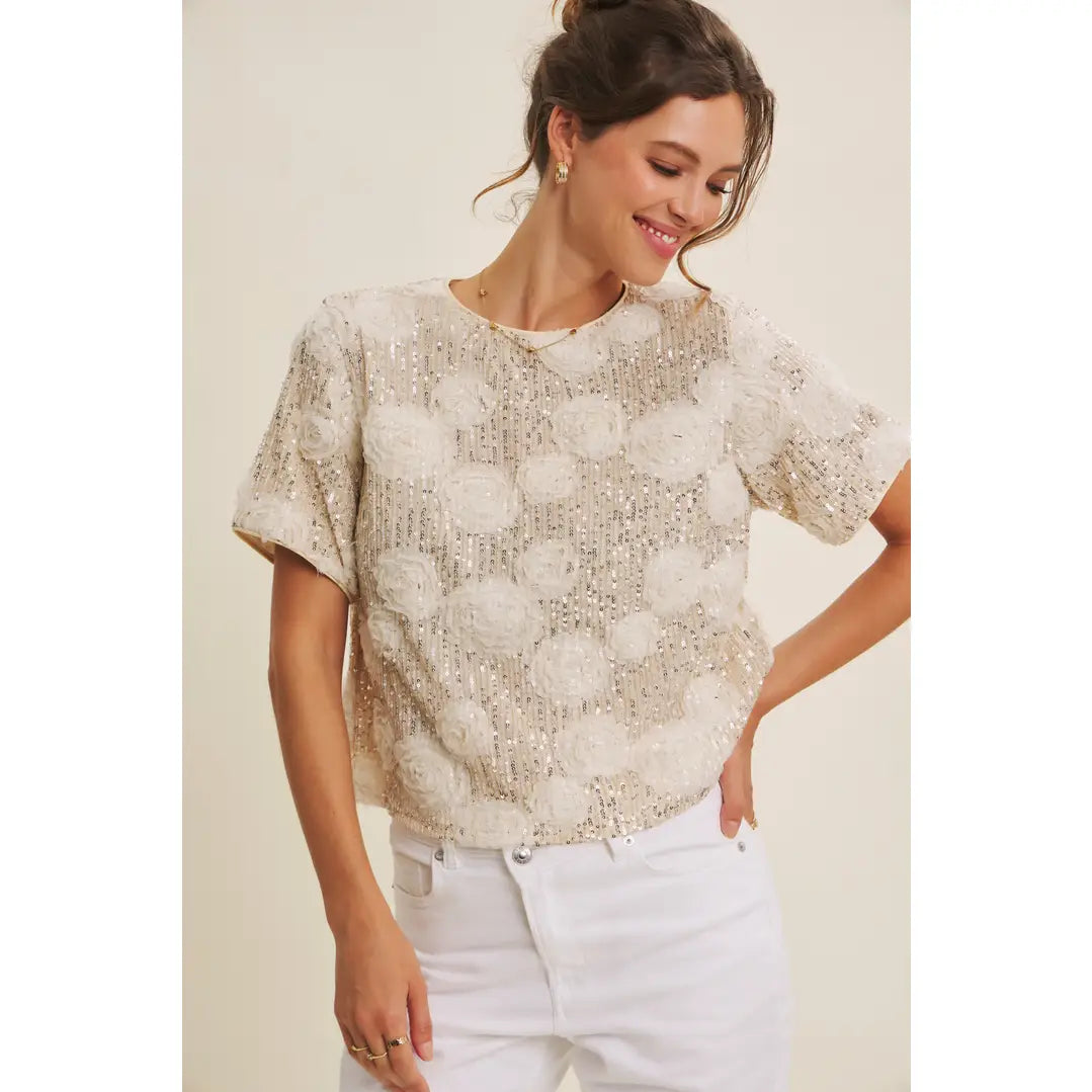 Light-Catching Elevated Shine Sequin 3D Floral Oversized Top