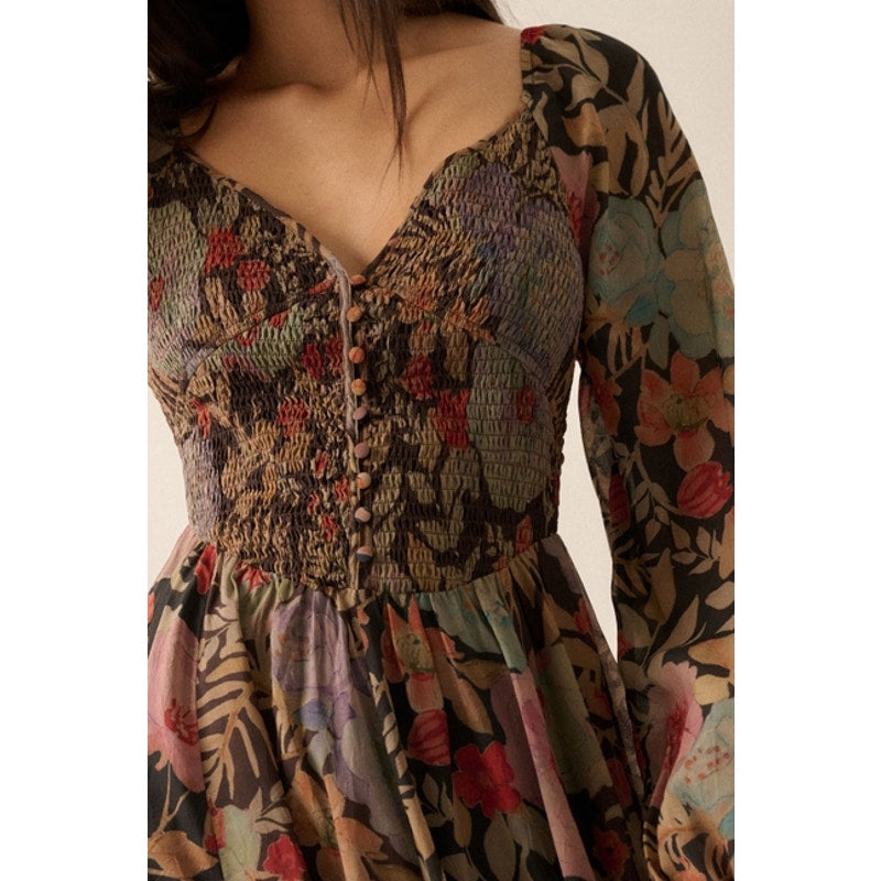 Midnight Ribbed Floral Smocked Button Peasant Maxi Dress