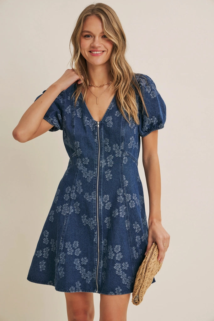 Mineral-Washed Floral Denim Fit and Flare Mini