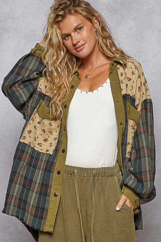 Vintage Olive Patchwork Plaid Double Gauze Oversized Shacket