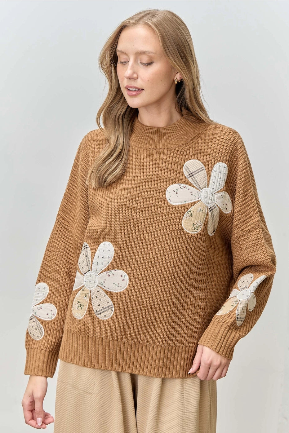 Camel Flower Patchwork Embroidered Sweater