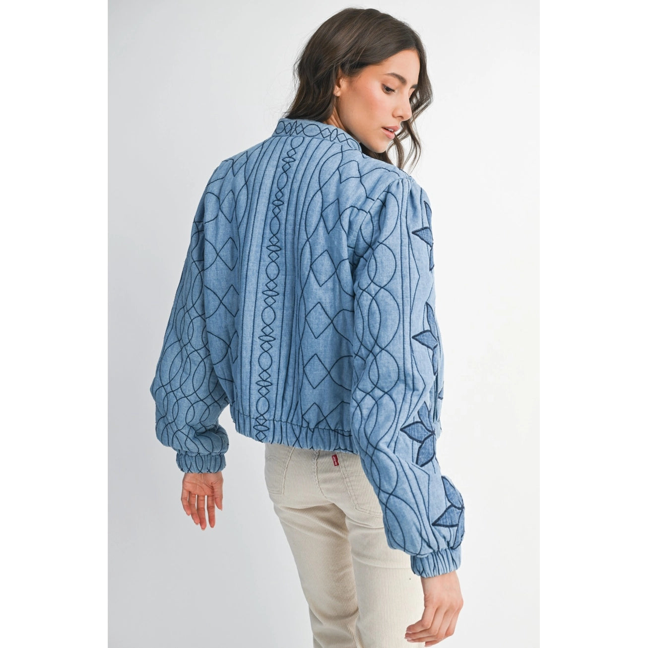 Washed Blue Embroidered Quilted Bomber Stitching Jacket