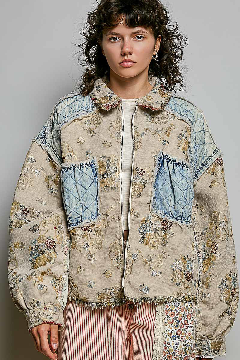 Natural Jacquard Floral Denim Patchwork Jacket