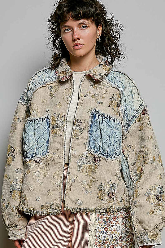 Natural Jacquard Floral Denim Patchwork Jacket
