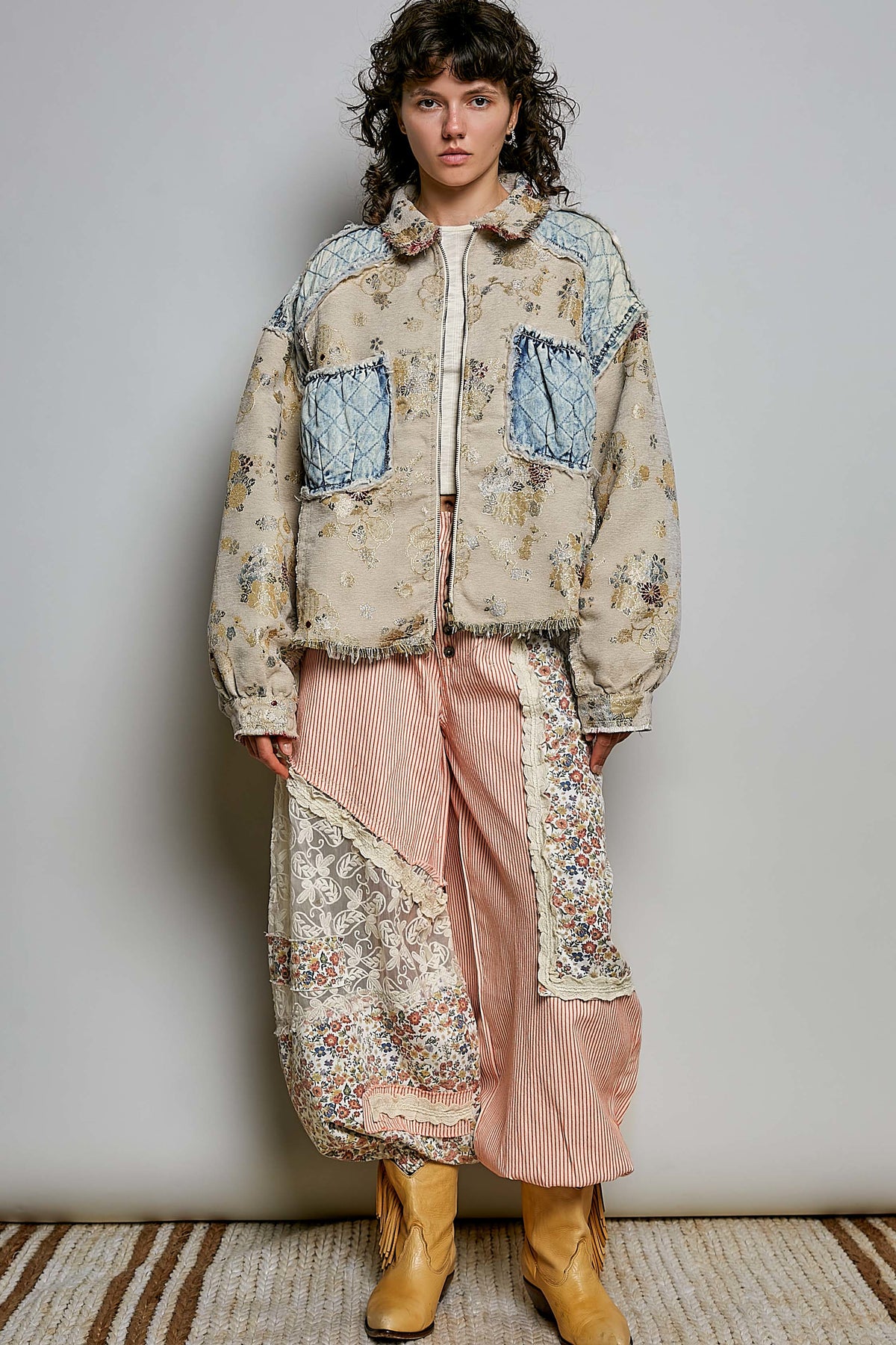 Natural Jacquard Floral Denim Patchwork Jacket
