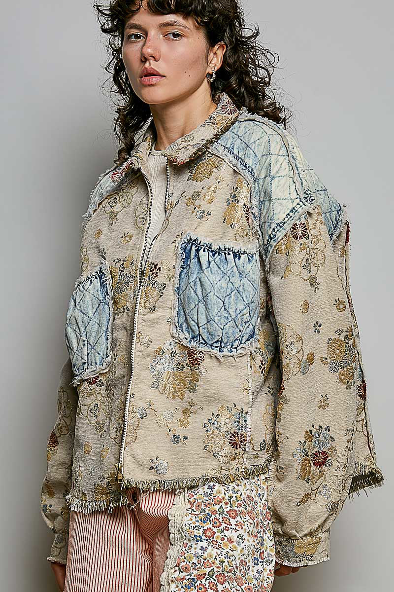 Natural Jacquard Floral Denim Patchwork Jacket