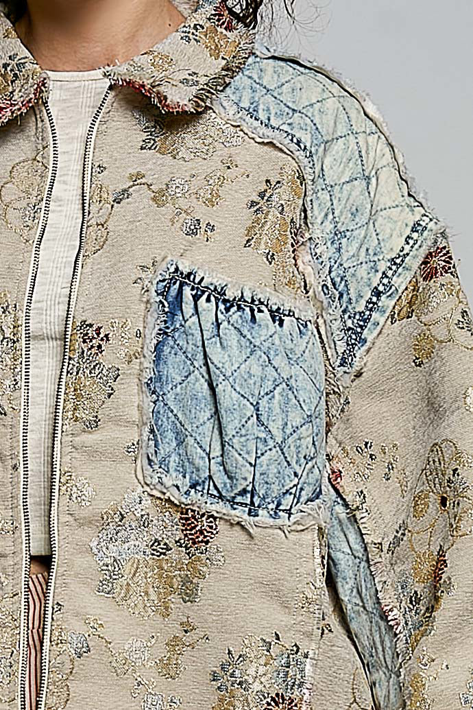 Natural Jacquard Floral Denim Patchwork Jacket