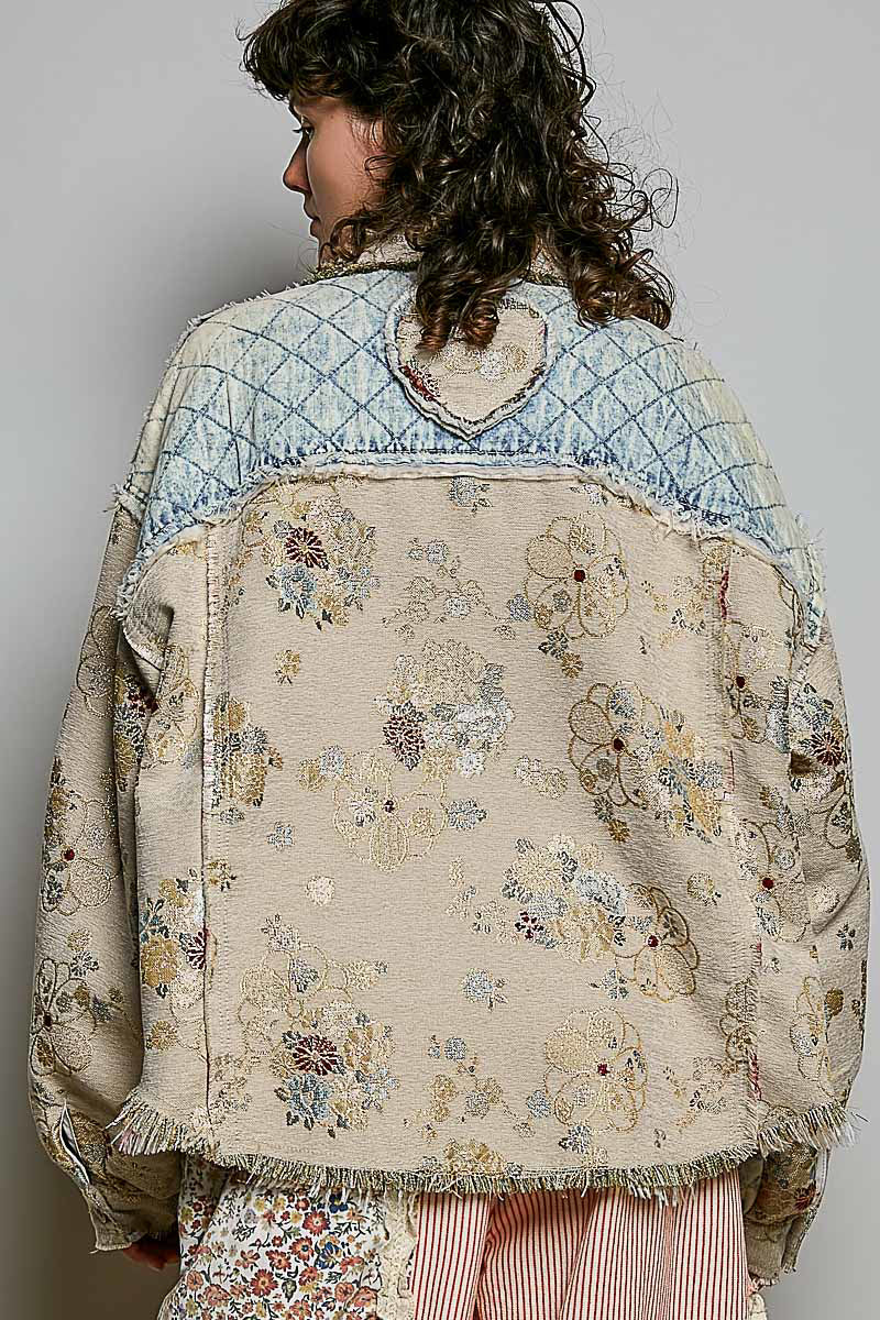 Natural Jacquard Floral Denim Patchwork Jacket