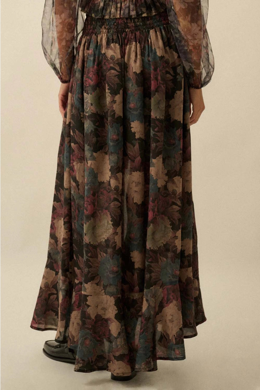 Floral-Print Drawstring Button-Front Maxi Skirt