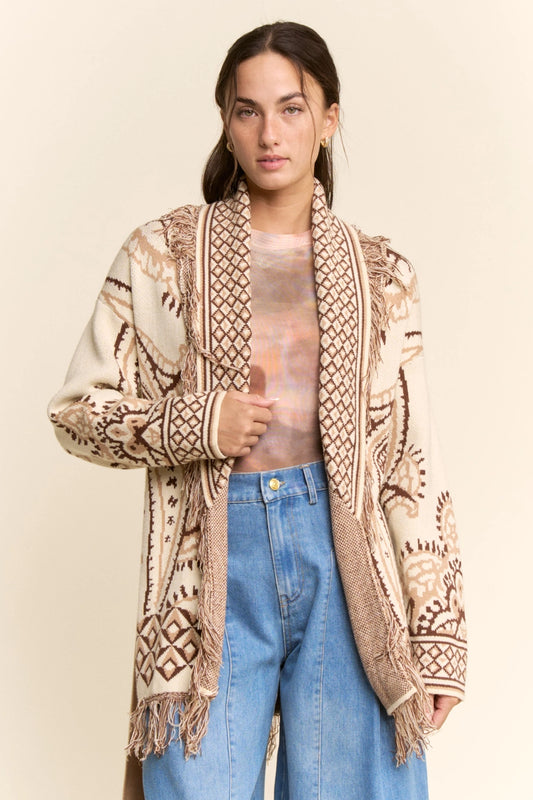 Fringe Trim Jacquard Knit Belted Cardigan