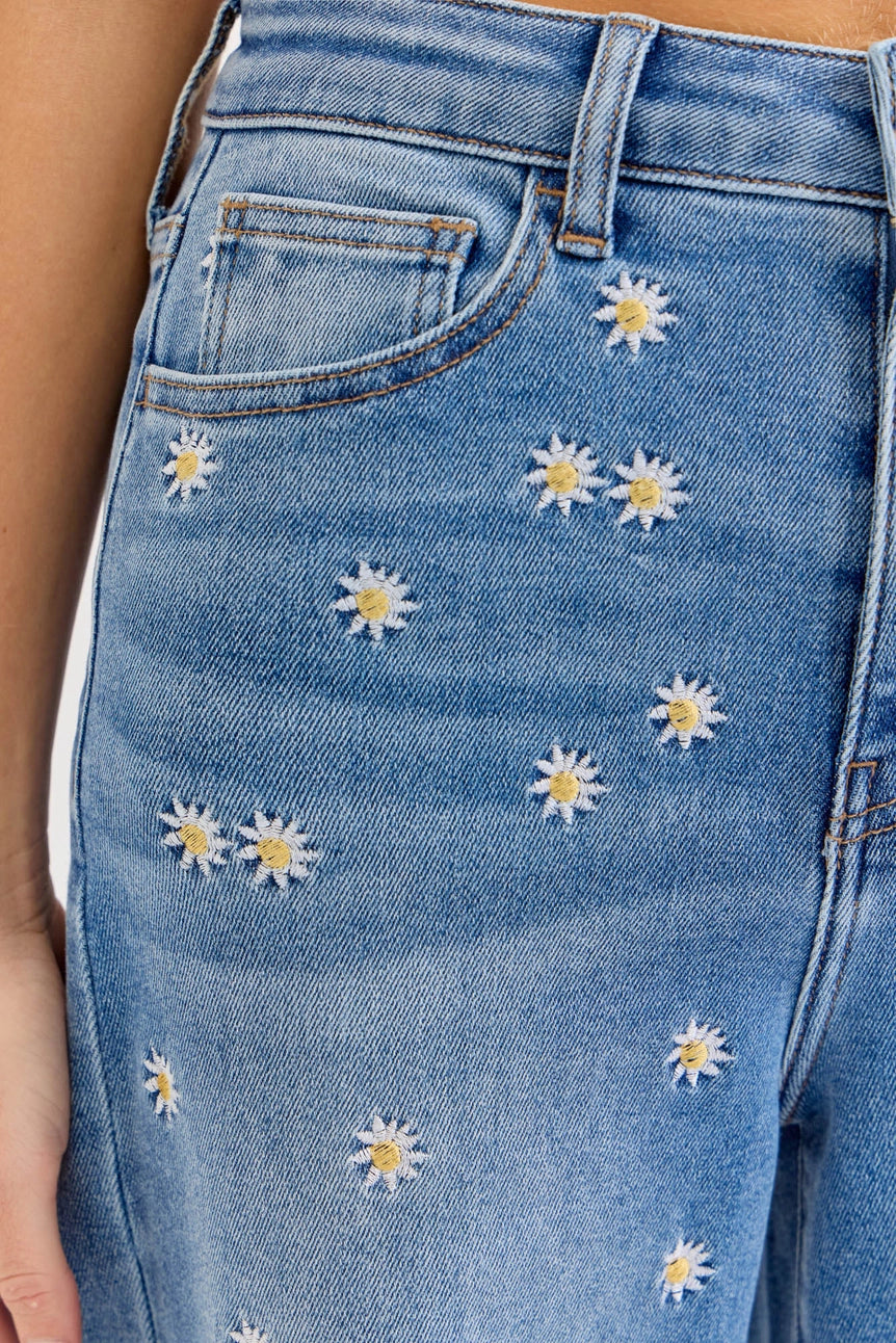 Daisy Embroidered High Rise Wide Leg Jeans