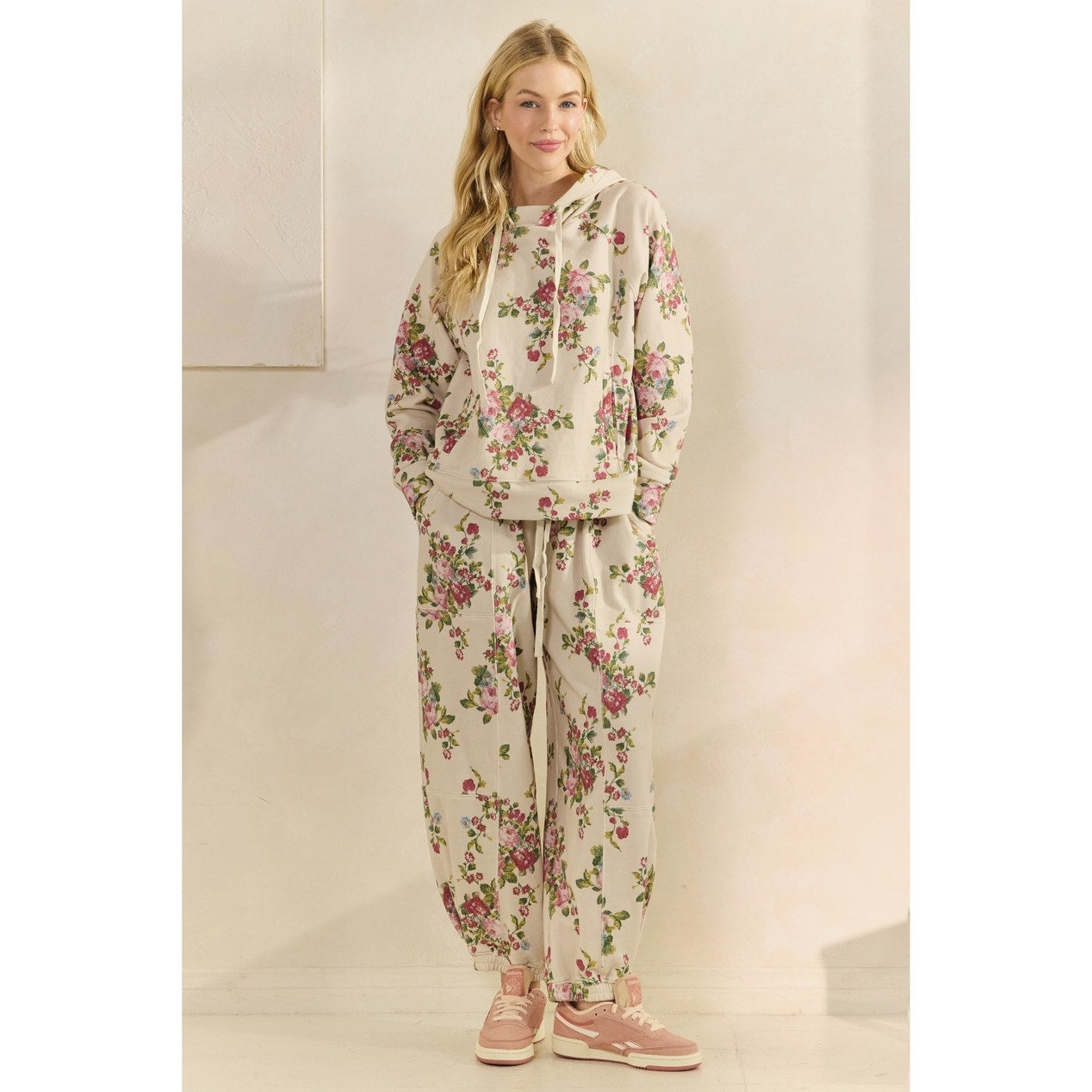 Beige Floral Printed French Terry Pants