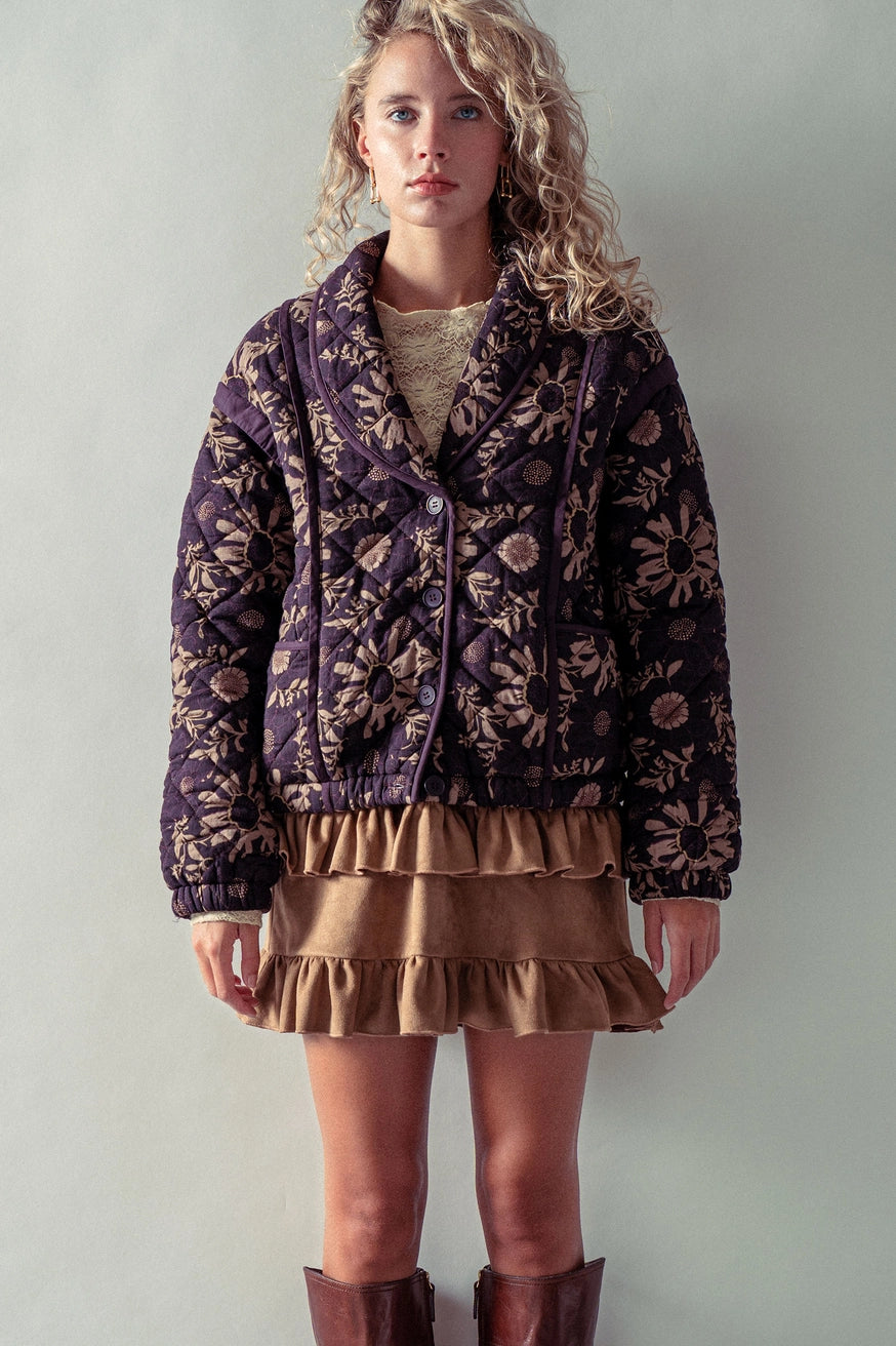 Quilted Floral Shawl Collar Jacket