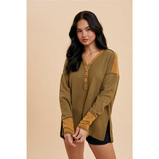 Olive Garment Washed Thermal Henley