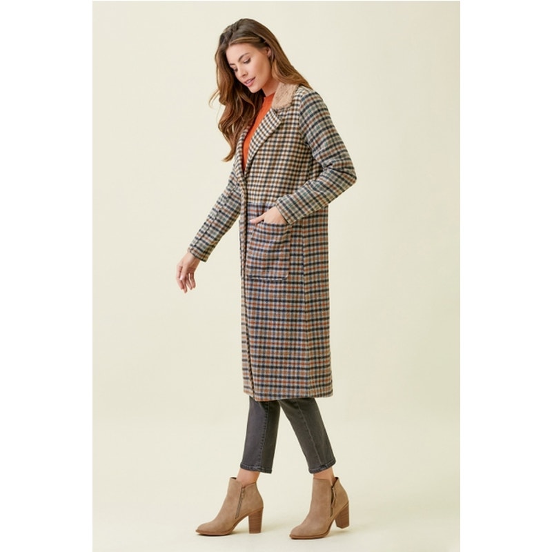 Taupe Mix Plaid Long Coat with Faux Fur Collar