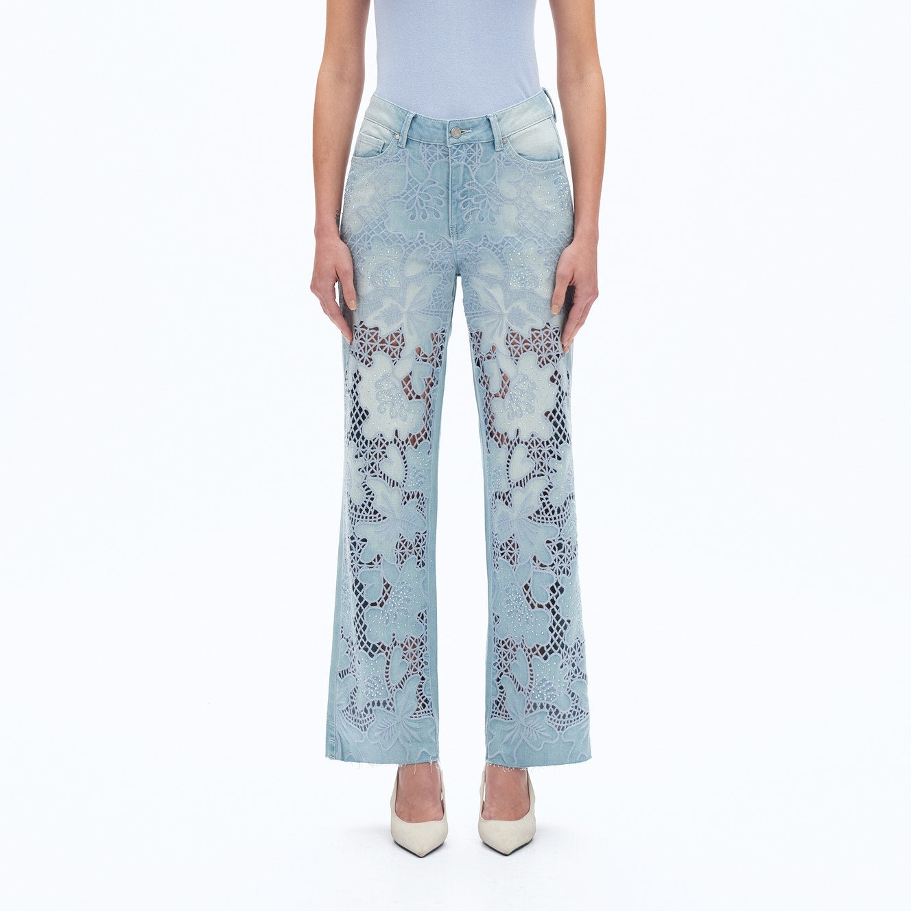 High Rise Straight Leg Cutout Embroidered Jeans with Raw Hem