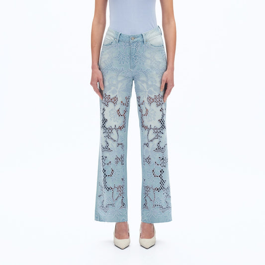 High Rise Straight Leg Cutout Embroidered Jeans with Raw Hem