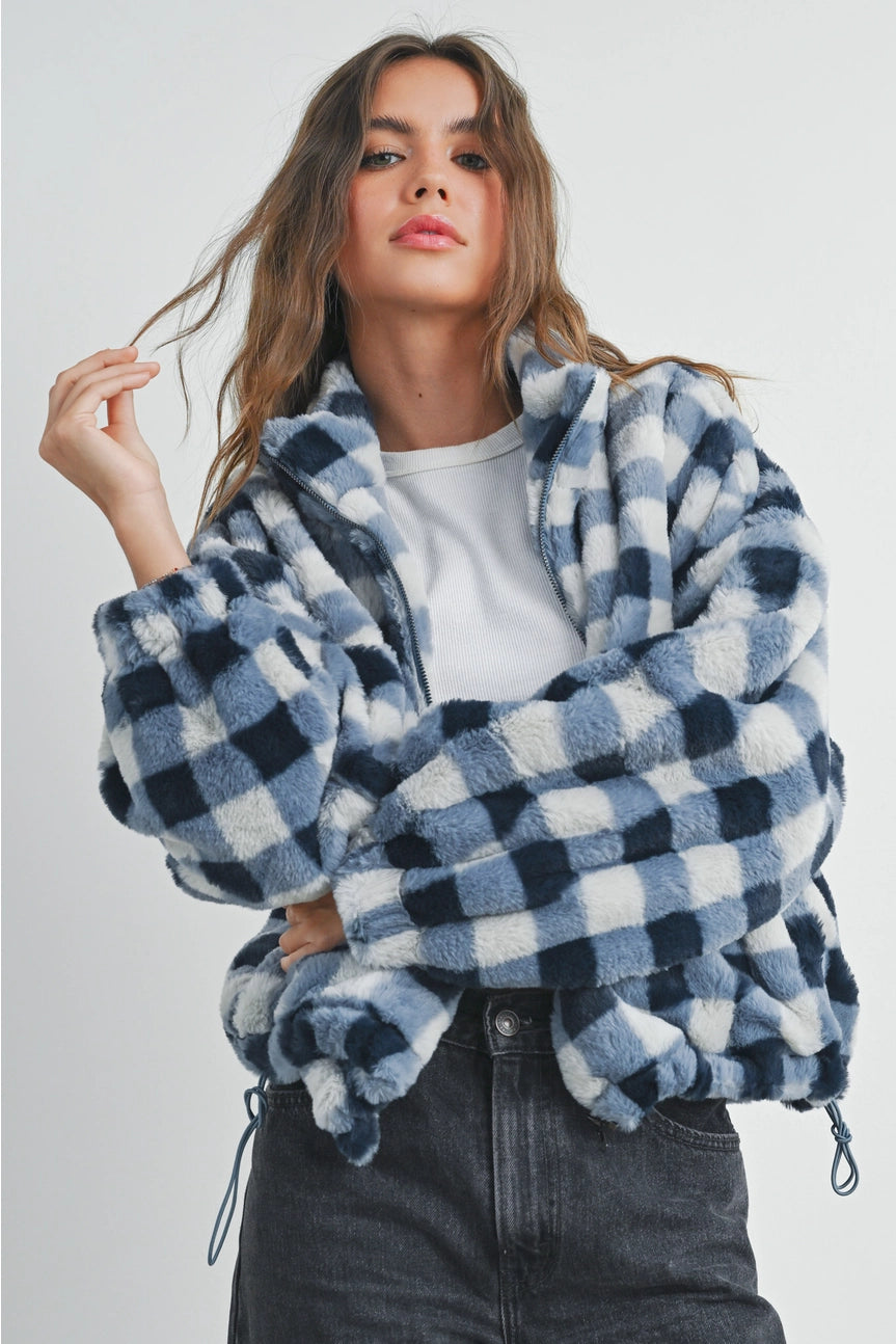 Picnic Drop Shoulder Plaid Fuzzy Jacket