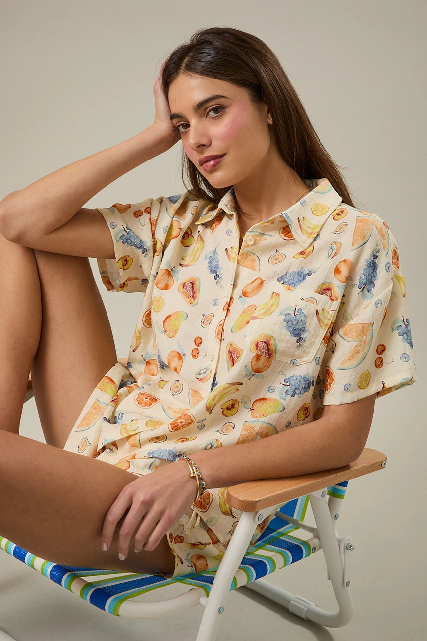 Short Sleeve Fruit Print Button Down Shirt