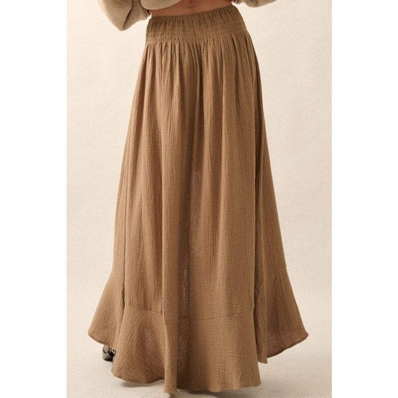 Espresso Smocked Elastic-Waist Front-Slit Crepe Maxi Skirt