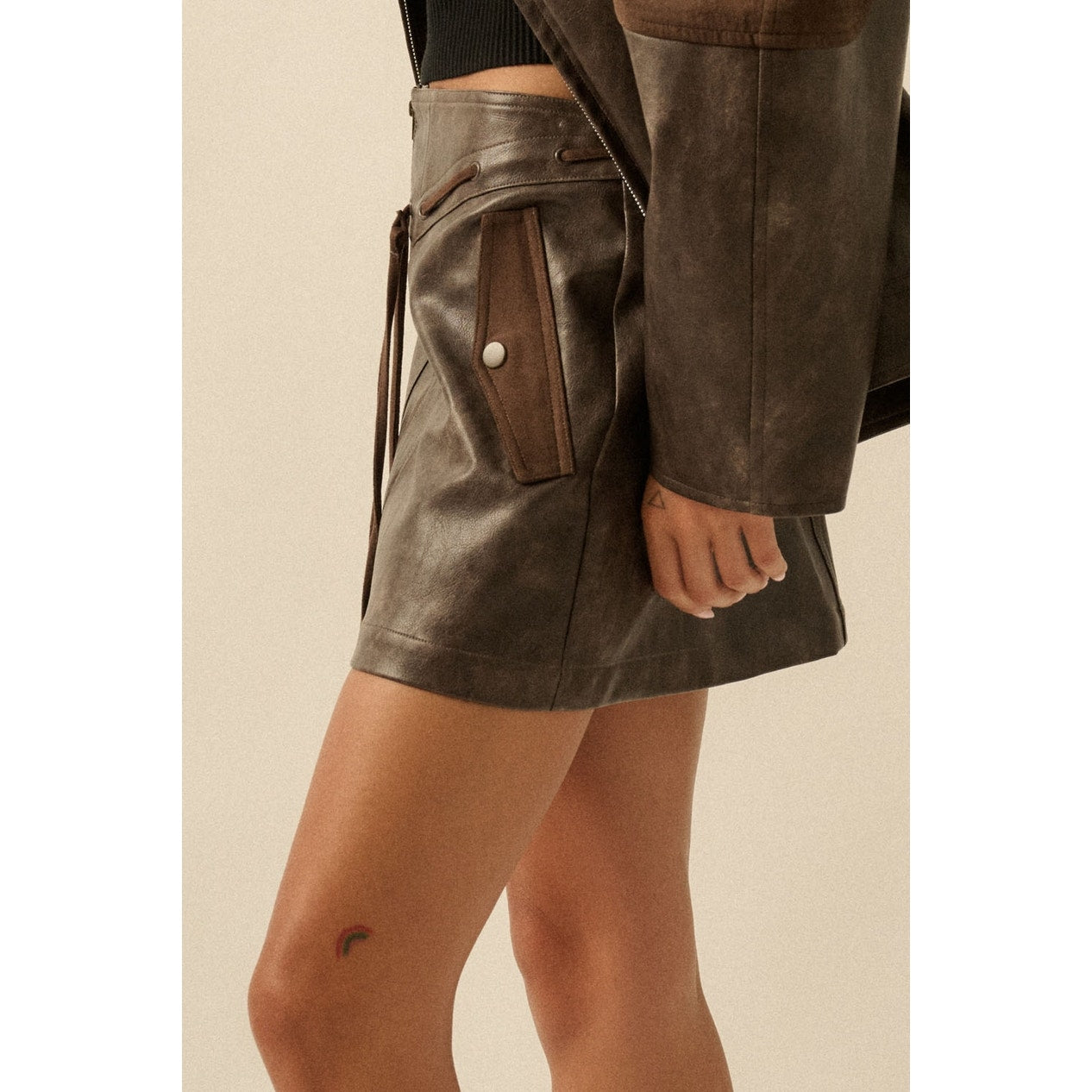 Espresso Faux Leather and Suede Zip-Up Mini Skirt