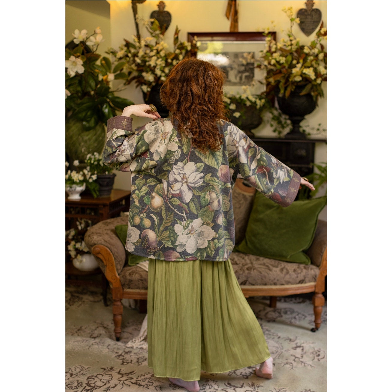 Fleur De Lune Fleece Cottage Cardigan Jacket w/ Floral Print