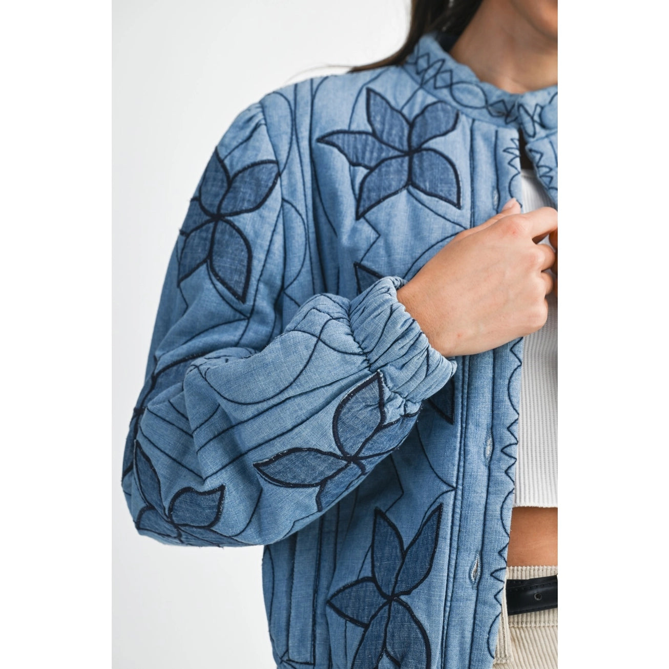 Washed Blue Embroidered Quilted Bomber Stitching Jacket